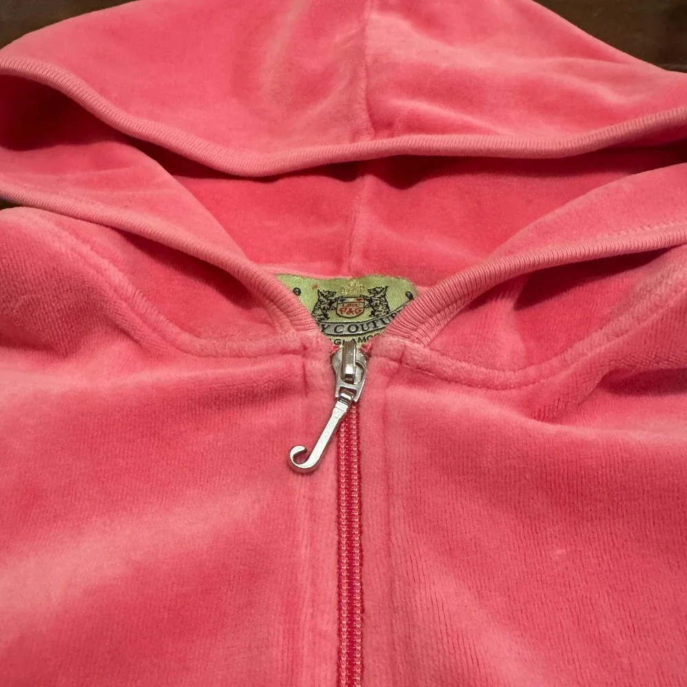Vintage Juicy Couture Pink Velour Zip Up Hoodie Y2K Cropped Jacket Large '02-'05 - Picture 2 of 10
